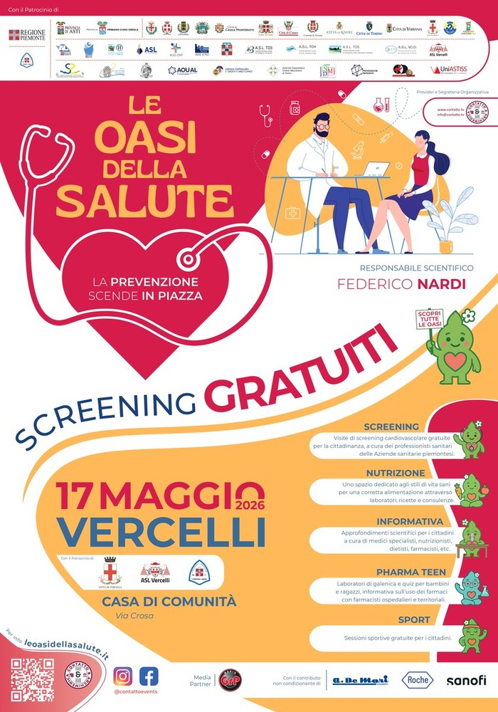 A Vercelli arrivano le Oasi della Salute: screening cardiovascolari gratuiti e attività a Parco Camana A Vercelli arrivano le Oasi della Salute: screening cardiovascolari gratuiti e attività a Parco Camana