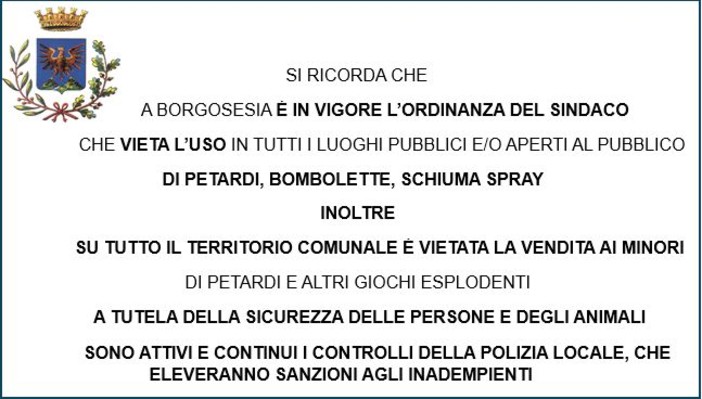 Borgosesia, ordinanza in vigore: stop a petardi, bombolette e schiuma spray nei luoghi pubblici