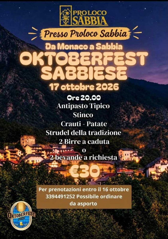 Sabbia, il 17 ottobre cena in stile Oktoberfest con la Pro Loco