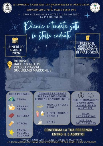 Prato Sesia, una notte in tenda per guardare le stelle cadenti dal Castello di Sopramonte