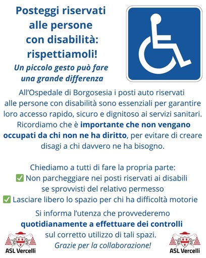 All’ospedale di Borgosesia richiamo al rispetto dei parcheggi riservati alle persone con disabilità