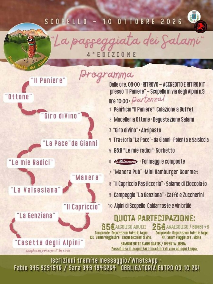 Scopello, il 10 ottobre la quarta “Passeggiata dei Salami”: sei chilometri e dieci tappe di gusto Scopello, il 10 ottobre la quarta “Passeggiata dei Salami”: sei chilometri e dieci tappe di gusto