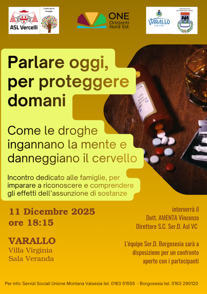 Varallo, “Parlare oggi, per proteggere domani”: incontro a Varallo per comprendere i rischi dell’uso di sostanze Varallo, “Parlare oggi, per proteggere domani”: incontro a Varallo per comprendere i rischi dell’uso di sostanze
