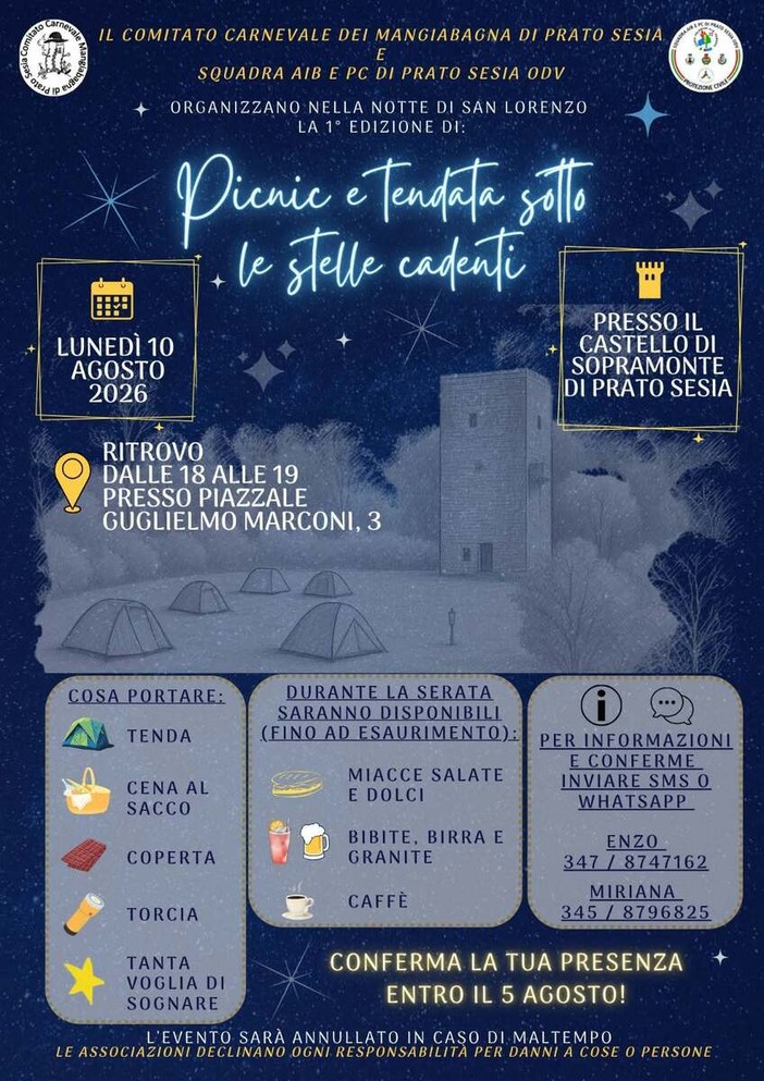 Prato Sesia, una notte in tenda per guardare le stelle cadenti dal Castello di Sopramonte Prato Sesia, una notte in tenda per guardare le stelle cadenti dal Castello di Sopramonte