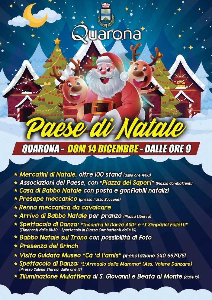 A Quarona il “Paese di Natale”: una giornata ricchissima di eventi per grandi e piccoli A Quarona il “Paese di Natale”: una giornata ricchissima di eventi per grandi e piccoli