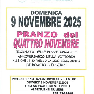 A Roasio il tradizionale “Pranzo del Quattro Novembre” per celebrare la Giornata delle Forze Armate e l’Anniversario della Vittoria