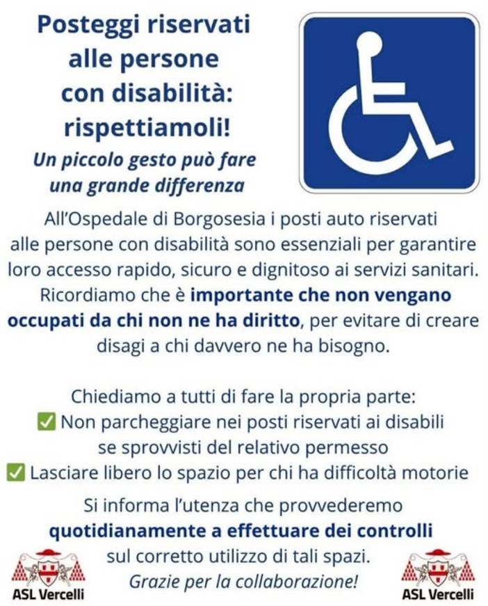 Ospedale di Borgosesia, appello al rispetto dei posteggi riservati alle persone con disabilità