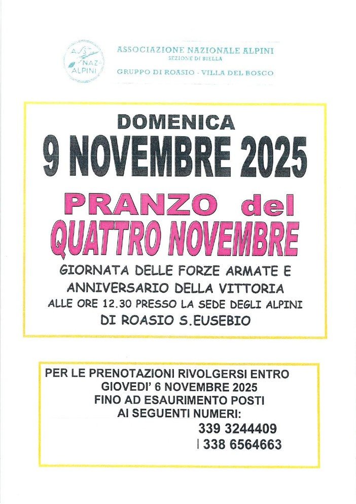 A Roasio il tradizionale “Pranzo del Quattro Novembre” per celebrare la Giornata delle Forze Armate e l’Anniversario della Vittoria A Roasio il tradizionale “Pranzo del Quattro Novembre” per celebrare la Giornata delle Forze Armate e l’Anniversario della Vittoria