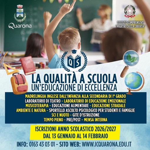 Quarona investe su scuola e servizi: potenziato il progetto “La Qualità a Scuola” e al via le iscrizioni 2026/2027 Quarona investe su scuola e servizi: potenziato il progetto “La Qualità a Scuola” e al via le iscrizioni 2026/2027