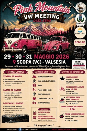 Scopa ospita il “Pink Mountain VW Meeting”: tre giorni tra motori, turismo e Valsesia