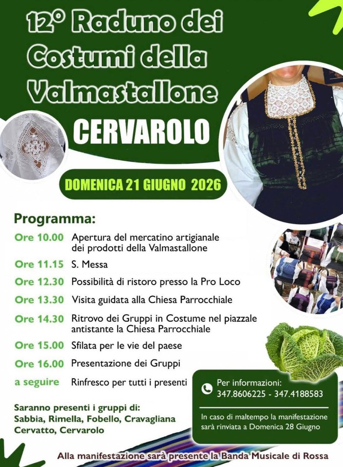 Cervarolo ospita il 12° Raduno dei Costumi della Valmastallone Cervarolo ospita il 12° Raduno dei Costumi della Valmastallone