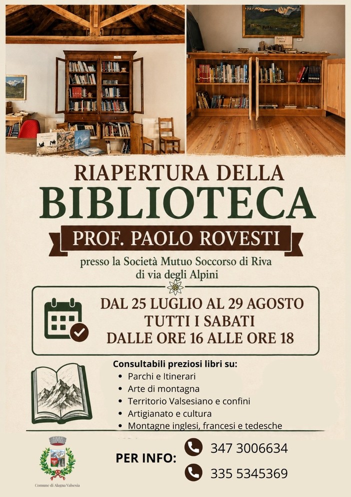 Riva Valdobbia, il 29 agosto ultimo appuntamento estivo con la Biblioteca Paolo Rovesti Riva Valdobbia, il 29 agosto ultimo appuntamento estivo con la Biblioteca Paolo Rovesti