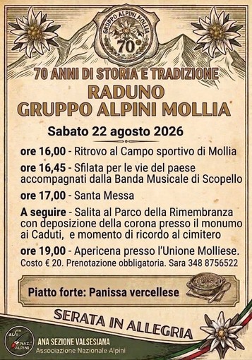 Mollia, il 22 agosto il raduno per i 70 anni del Gruppo Alpini