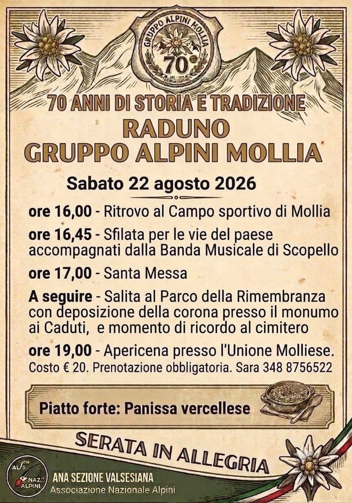 Mollia, il 22 agosto il raduno per i 70 anni del Gruppo Alpini