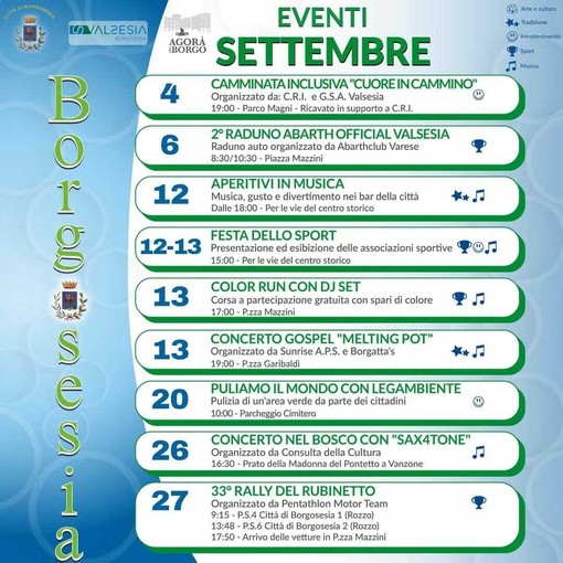 Borgosesia, settembre si anima tra sport, musica, cultura e iniziative per la città Borgosesia, settembre si anima tra sport, musica, cultura e iniziative per la città