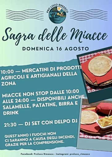 Rimasco, confermata la Sagra delle Miacce ma annullati i fuochi d’artificio Rimasco, confermata la Sagra delle Miacce ma annullati i fuochi d’artificio