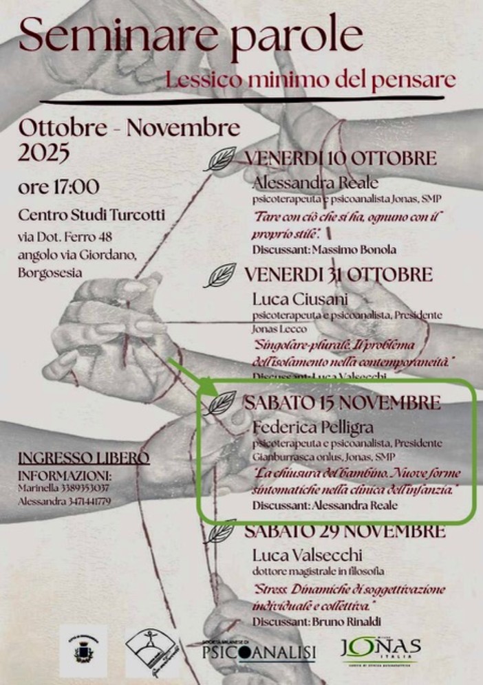 Borgosesia, il 15 novembre nuovo incontro di “Seminare parole”: al Centro Studi Turcotti si parla di infanzia e nuove forme di sofferenza Borgosesia, il 15 novembre nuovo incontro di “Seminare parole”: al Centro Studi Turcotti si parla di infanzia e nuove forme di sofferenza