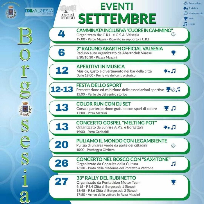 Borgosesia, settembre si anima tra sport, musica, cultura e iniziative per la città Borgosesia, settembre si anima tra sport, musica, cultura e iniziative per la città
