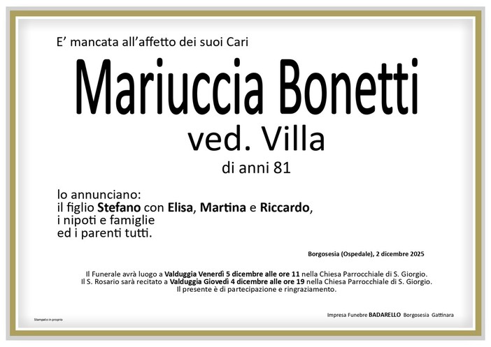 Mariuccia Bonetti, ved. Villa