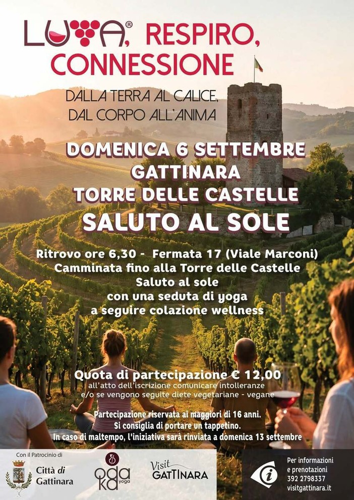 Gattinara, alla Torre delle Castelle il “Saluto al sole” tra yoga, cammino e colazione wellness Gattinara, alla Torre delle Castelle il “Saluto al sole” tra yoga, cammino e colazione wellness