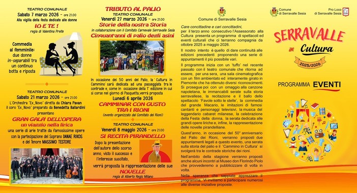 Serravalle Sesia presenta “Serravalle in Cultura”: otto mesi di spettacoli, musica e teatro tra ottobre 2025 e maggio 2026 Serravalle Sesia presenta “Serravalle in Cultura”: otto mesi di spettacoli, musica e teatro tra ottobre 2025 e maggio 2026