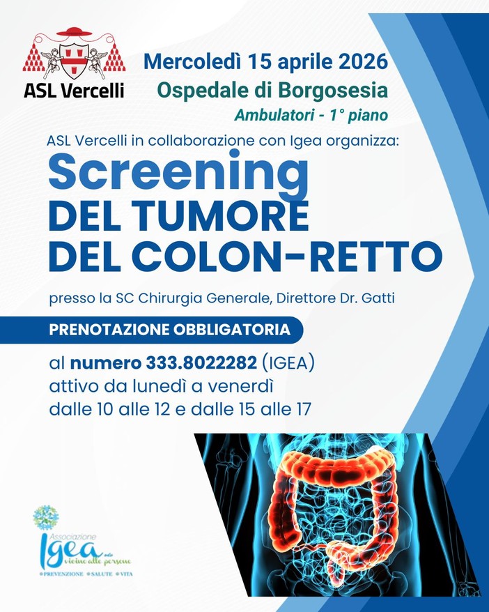 Borgosesia, il 15 aprile all’ospedale uno screening sul tumore del colon-retto con prenotazione obbligatoria Borgosesia, il 15 aprile all’ospedale uno screening sul tumore del colon-retto con prenotazione obbligatoria