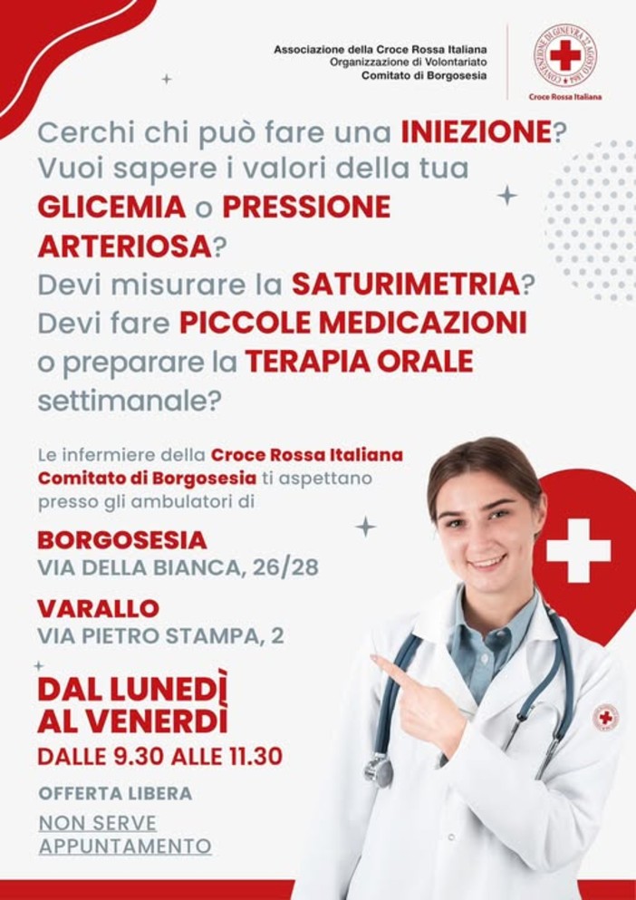 A Borgosesia e Varallo un servizio infermieristico della Croce Rossa senza appuntamento