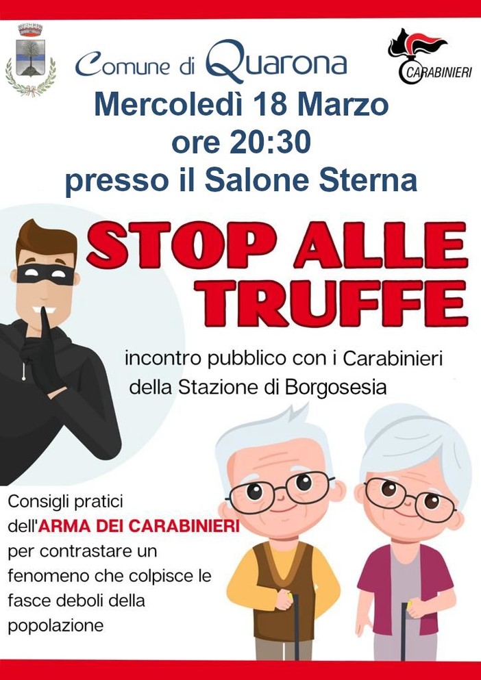 Quarona, “Stop alle truffe”: incontro pubblico con i Carabinieri il 18 marzo al Salone Sterna