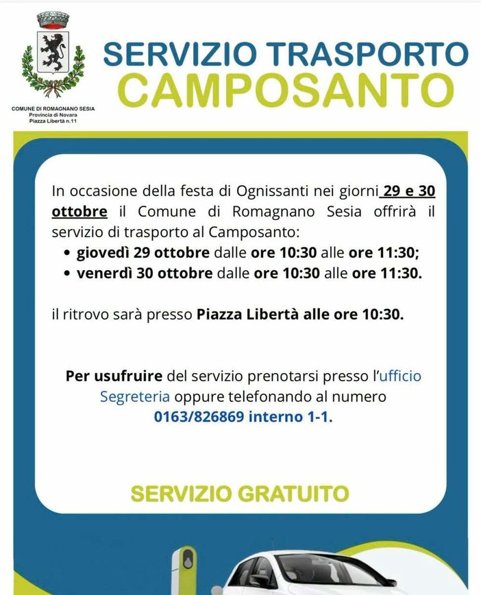 Romagnano Sesia, oggi e domani trasporto gratuito al Camposanto per Ognissanti Romagnano Sesia, oggi e domani trasporto gratuito al Camposanto per Ognissanti