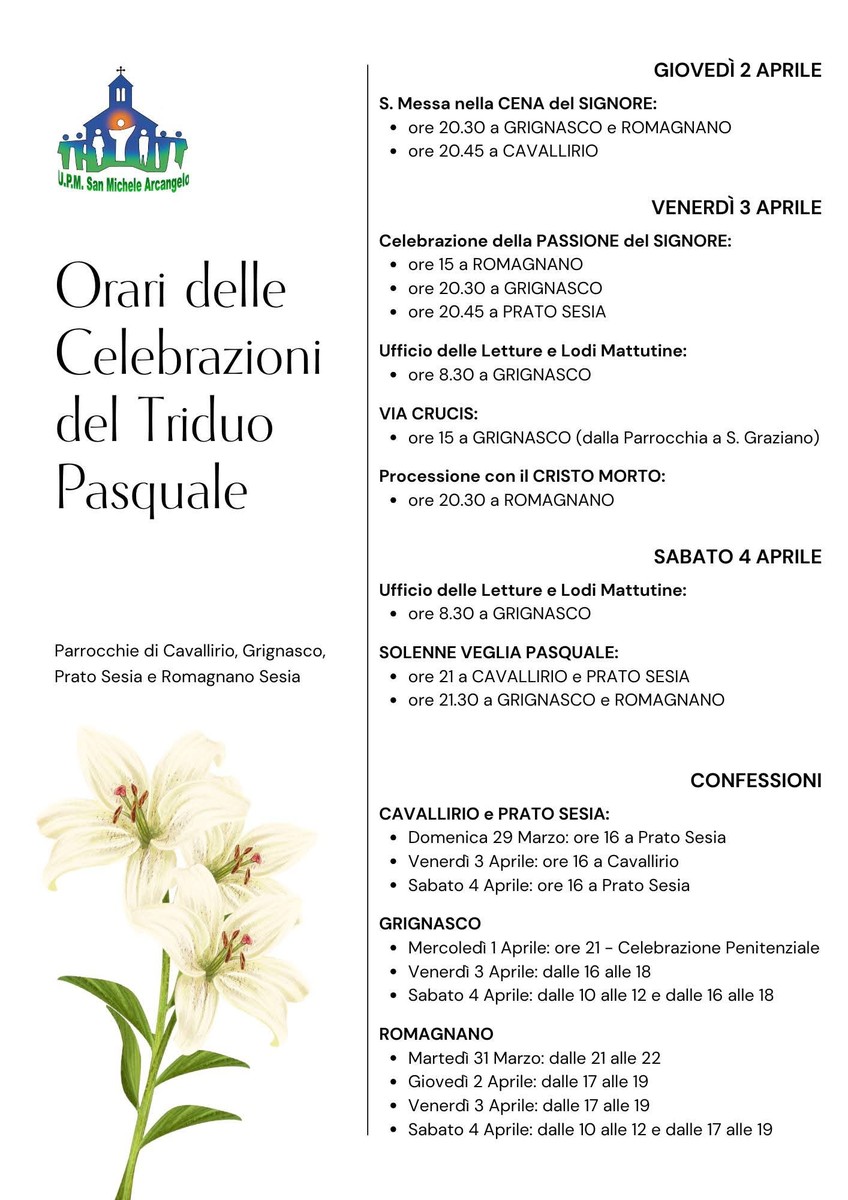 Triduo Pasquale, ecco gli orari delle celebrazioni tra Cavallirio, Grignasco, Prato Sesia e Romagnano