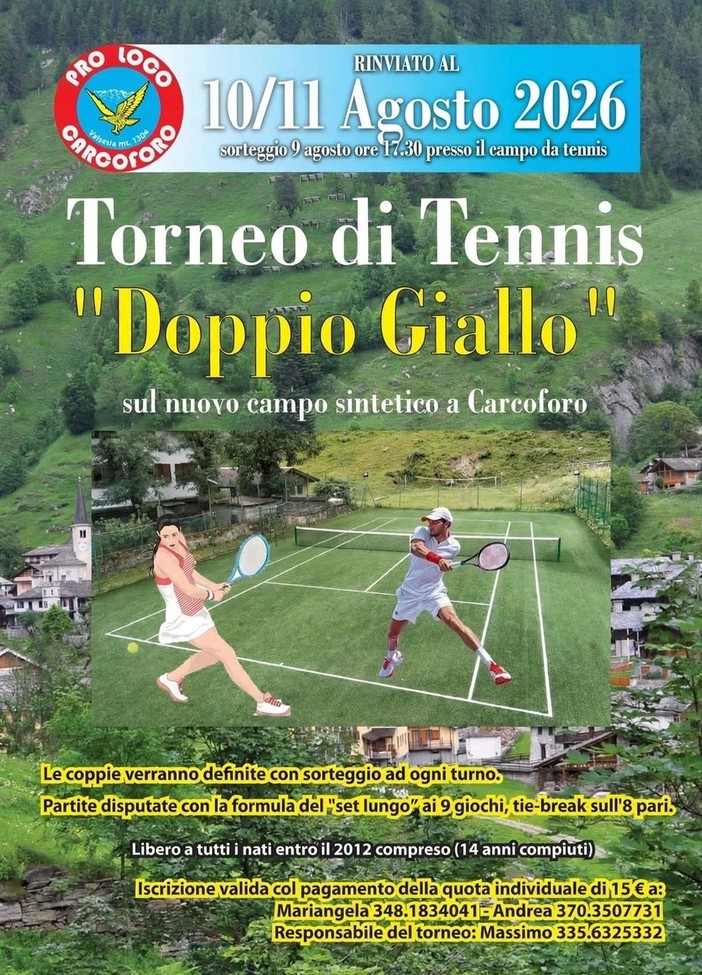 Carcoforo, torneo di tennis “Doppio Giallo” sul nuovo campo sintetico Carcoforo, torneo di tennis “Doppio Giallo” sul nuovo campo sintetico