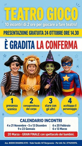 Borgosesia, domani la presentazione gratuita del laboratorio “Teatro Gioco” per bambini Borgosesia, domani la presentazione gratuita del laboratorio “Teatro Gioco” per bambini