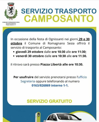 Romagnano Sesia, oggi e domani trasporto gratuito al Camposanto per Ognissanti Romagnano Sesia, oggi e domani trasporto gratuito al Camposanto per Ognissanti