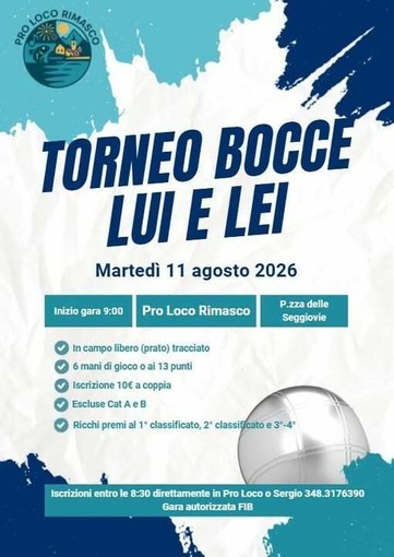 Rimasco, oggi il torneo bocce “Lui e Lei” in piazza delle Seggiovie Rimasco, oggi il torneo bocce “Lui e Lei” in piazza delle Seggiovie