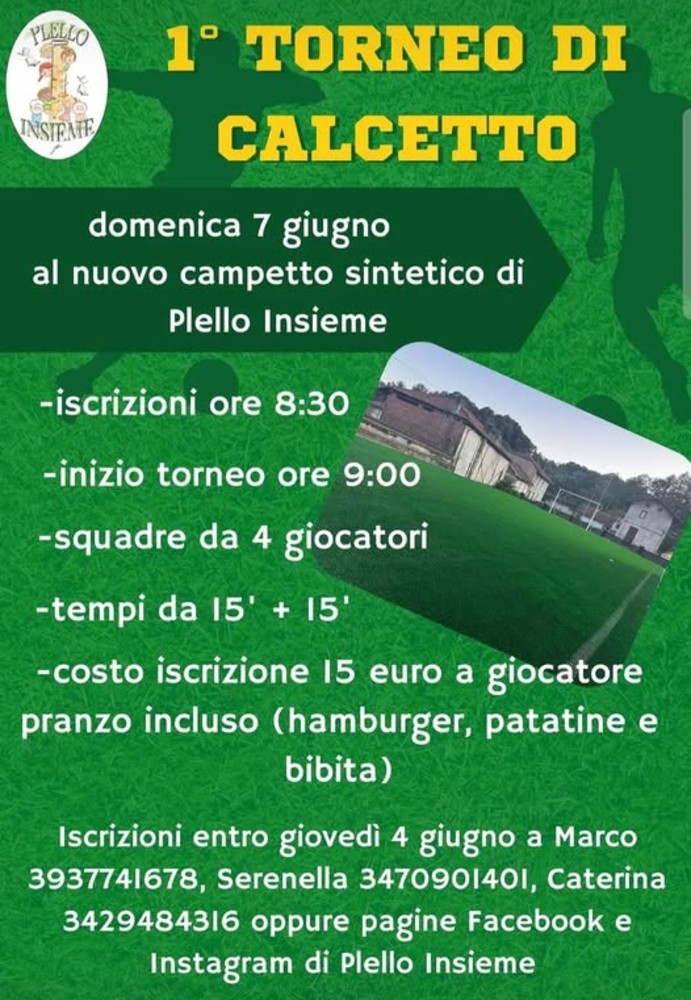 Plello: domani 7 giugno il 1° Torneo di Calcetto sul nuovo campo sintetico