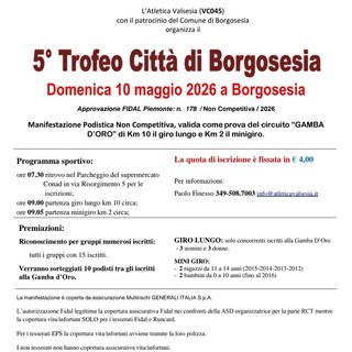 Borgosesia si prepara al 5° Trofeo Città di Borgosesia: corsa non competitiva il 10 maggio
