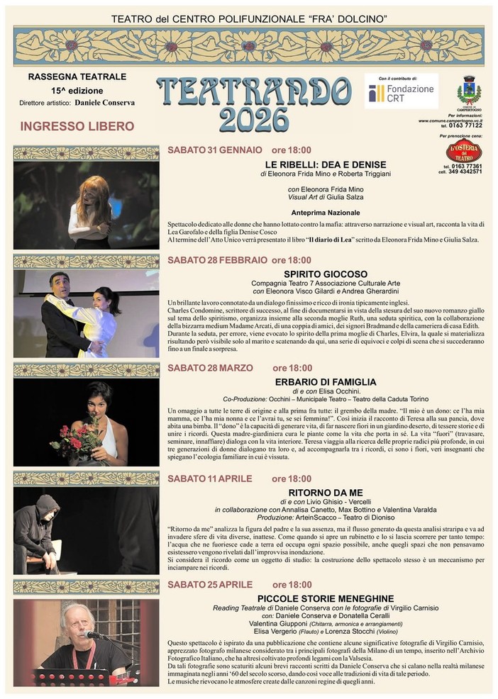 Campertogno, al Centro Polifunzionale “Fra’ Dolcino” torna la rassegna Teatrando: cinque appuntamenti a ingresso libero nel 2026