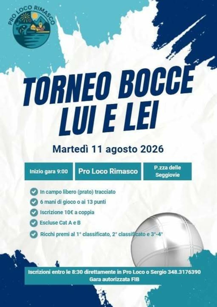 Rimasco, oggi il torneo bocce “Lui e Lei” in piazza delle Seggiovie Rimasco, oggi il torneo bocce “Lui e Lei” in piazza delle Seggiovie
