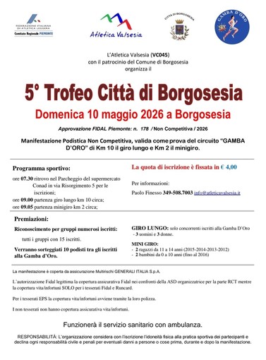 Borgosesia si prepara al 5° Trofeo Città di Borgosesia: corsa non competitiva il 10 maggio