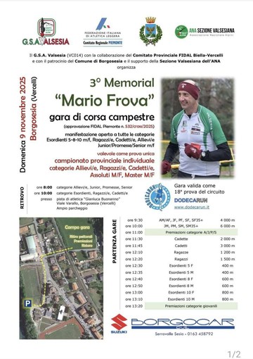 Borgosesia, domenica 9 novembre il 3° Memorial “Mario Frova”: torna la grande corsa campestre in Valsesia