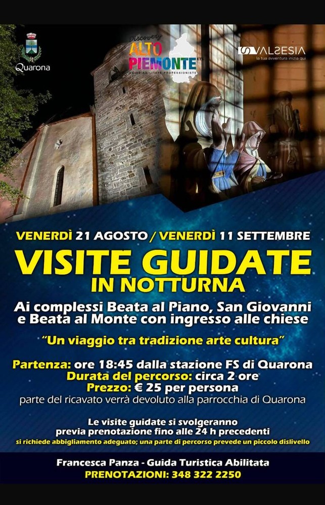 Quarona, visite guidate in notturna tra Beata al Piano, San Giovanni e Beata al Monte Quarona, visite guidate in notturna tra Beata al Piano, San Giovanni e Beata al Monte