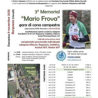 Borgosesia, domenica 9 novembre il 3° Memorial “Mario Frova”: torna la grande corsa campestre in Valsesia Borgosesia, domenica 9 novembre il 3° Memorial “Mario Frova”: torna la grande corsa campestre in Valsesia