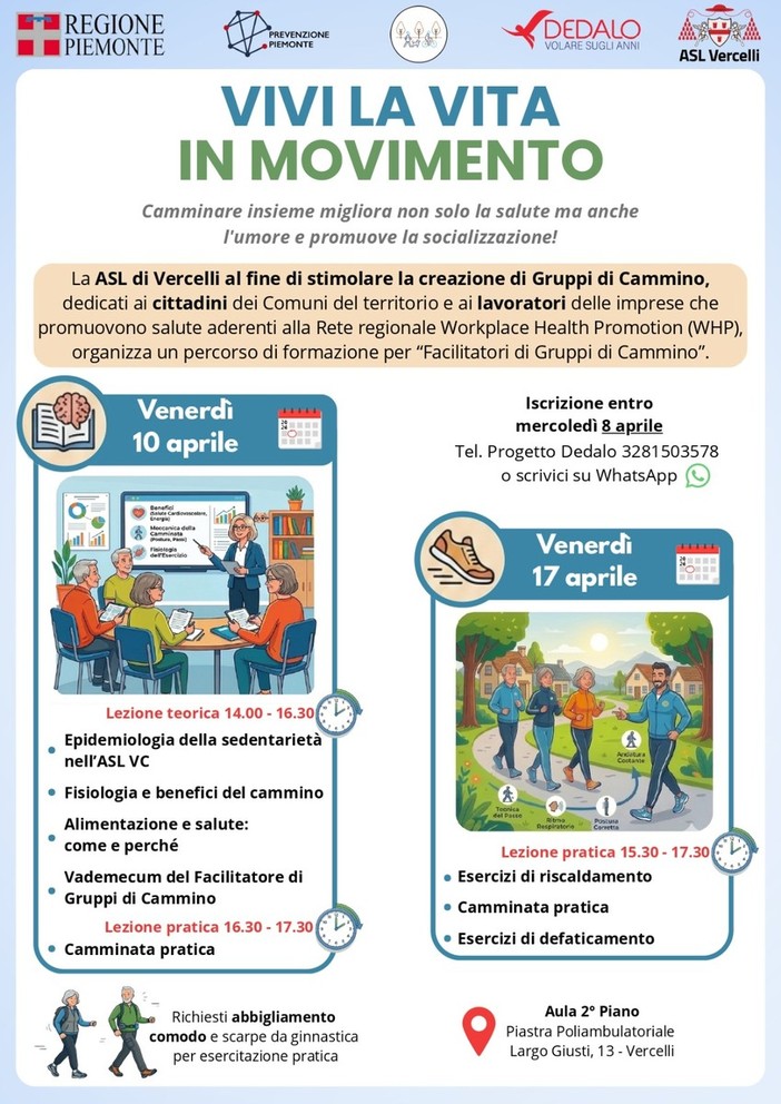 A Vercelli un percorso per formare i facilitatori dei Gruppi di Cammino: due appuntamenti ad aprile con Asl VC