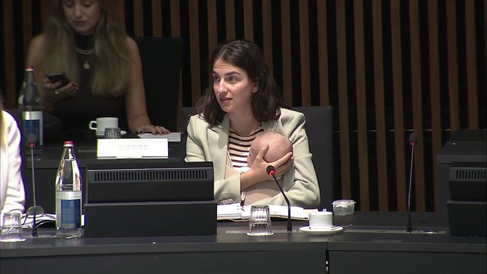 Al Consiglio Ue con il figlio neonato, l'intervento della ministra svedese Pourmokhtari