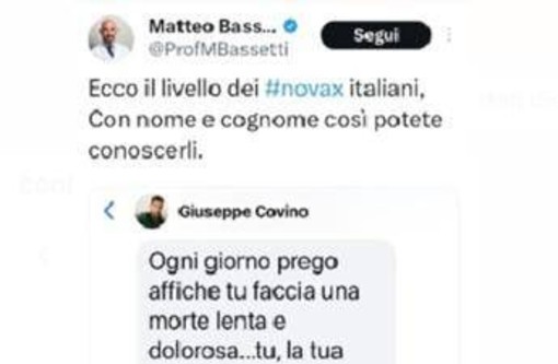 &quot;Una morte lenta e dolorosa&quot;, minacce e insulti a Bassetti: lui pubblica post dell'autore