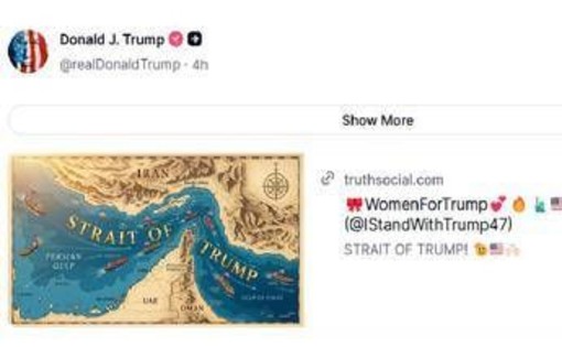 Stretto di Hormuz diventa 'Stretto di Trump': la nuova mappa condivisa su Truth